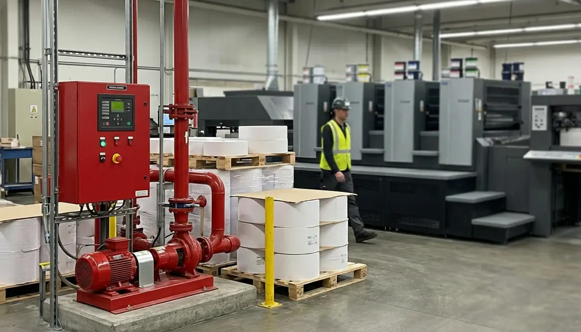 Fire pump design for ink, paper, and equipment areas